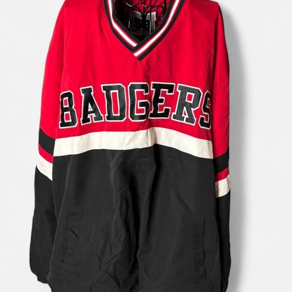 58 Sports Wisconsin Badgers V-Neck Windbreaker Pullover Jacket 3XL Red Black